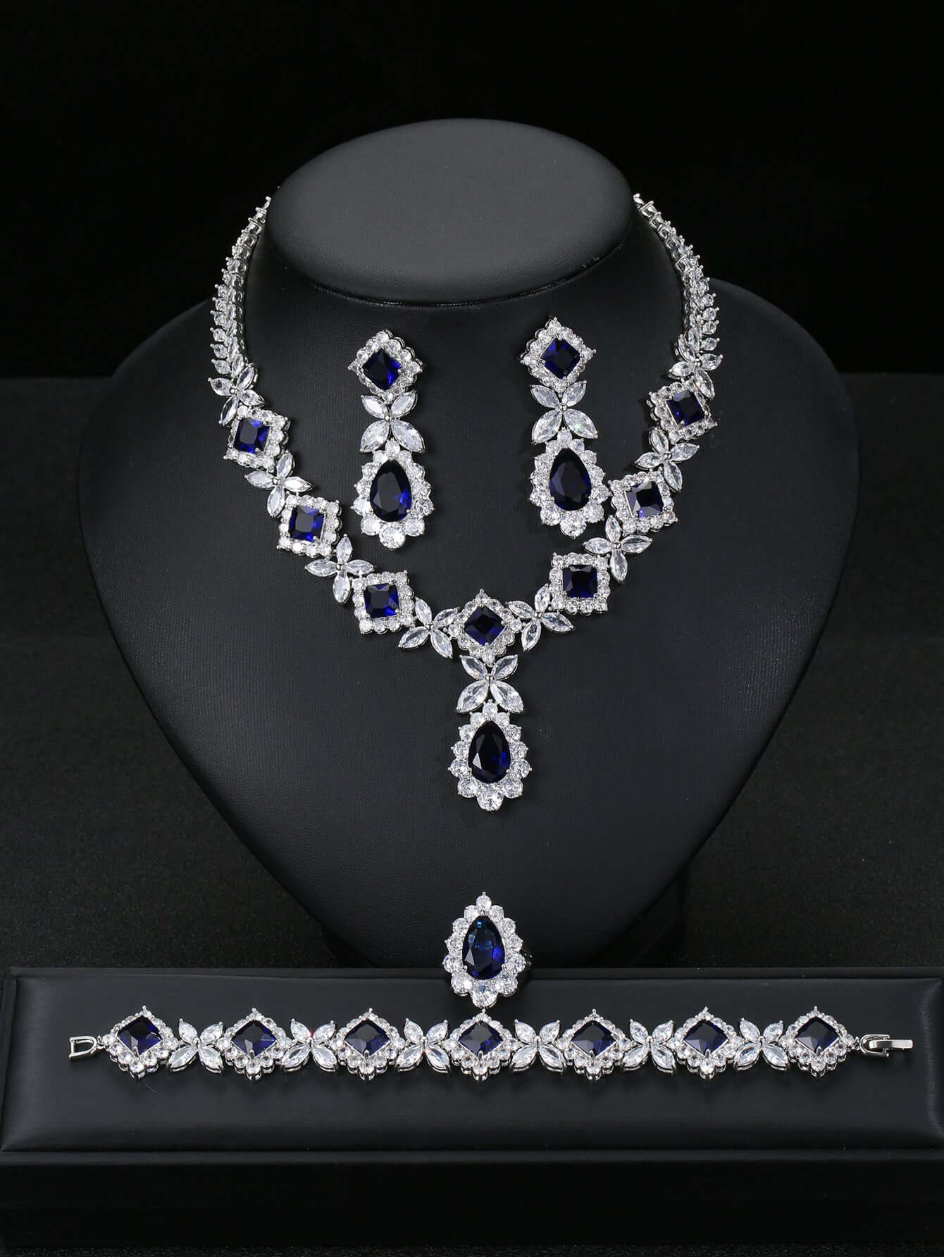 European And American Luxury Zircon Necklace Earring Bracelet Ring Suit
