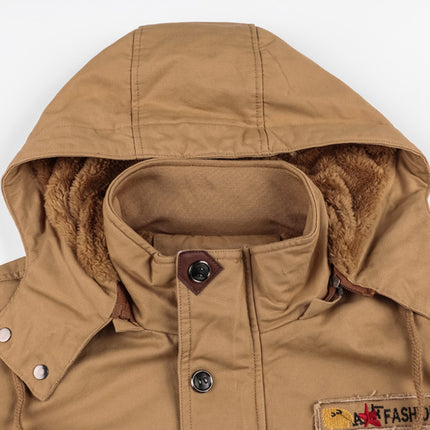Men's Winter Fleece Jacket Coat in khaki with hood, thermal lining, and multiple pockets. Ideal for cold weather and outdoor military-style wear.