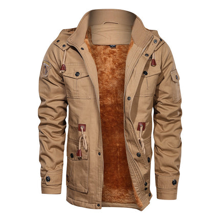 Men's Winter Fleece Jacket Coat in khaki with hood, thermal lining, and multiple pockets. Ideal for cold weather and outdoor military-style wear.
