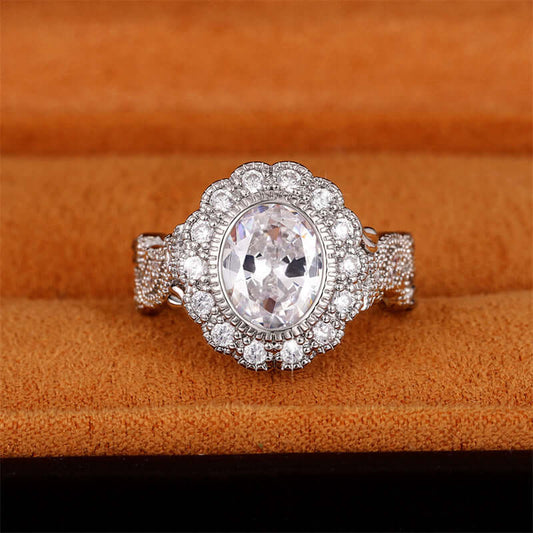 Full Diamond Copper Plating Round Diamond Zircon Ring Female European And American Luxury